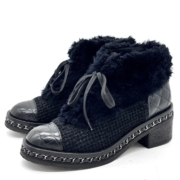 Chanel Beaver Fur Trimmed Alligator Skin Tweed Black Lace Up Boots - Picture 2 of 9